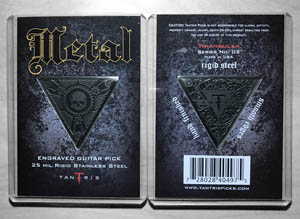 Image of Tantris Triangular etched steel guitar pick packaging